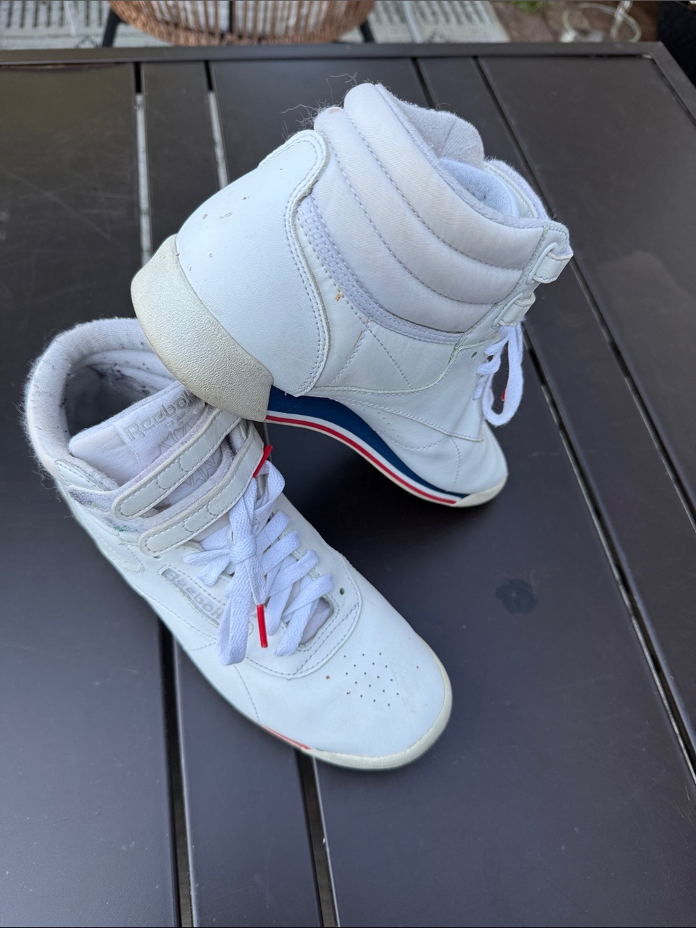 Vintage Reebok Freestyle Hi High-Top Sneakers White Red Blue Stripes size 8